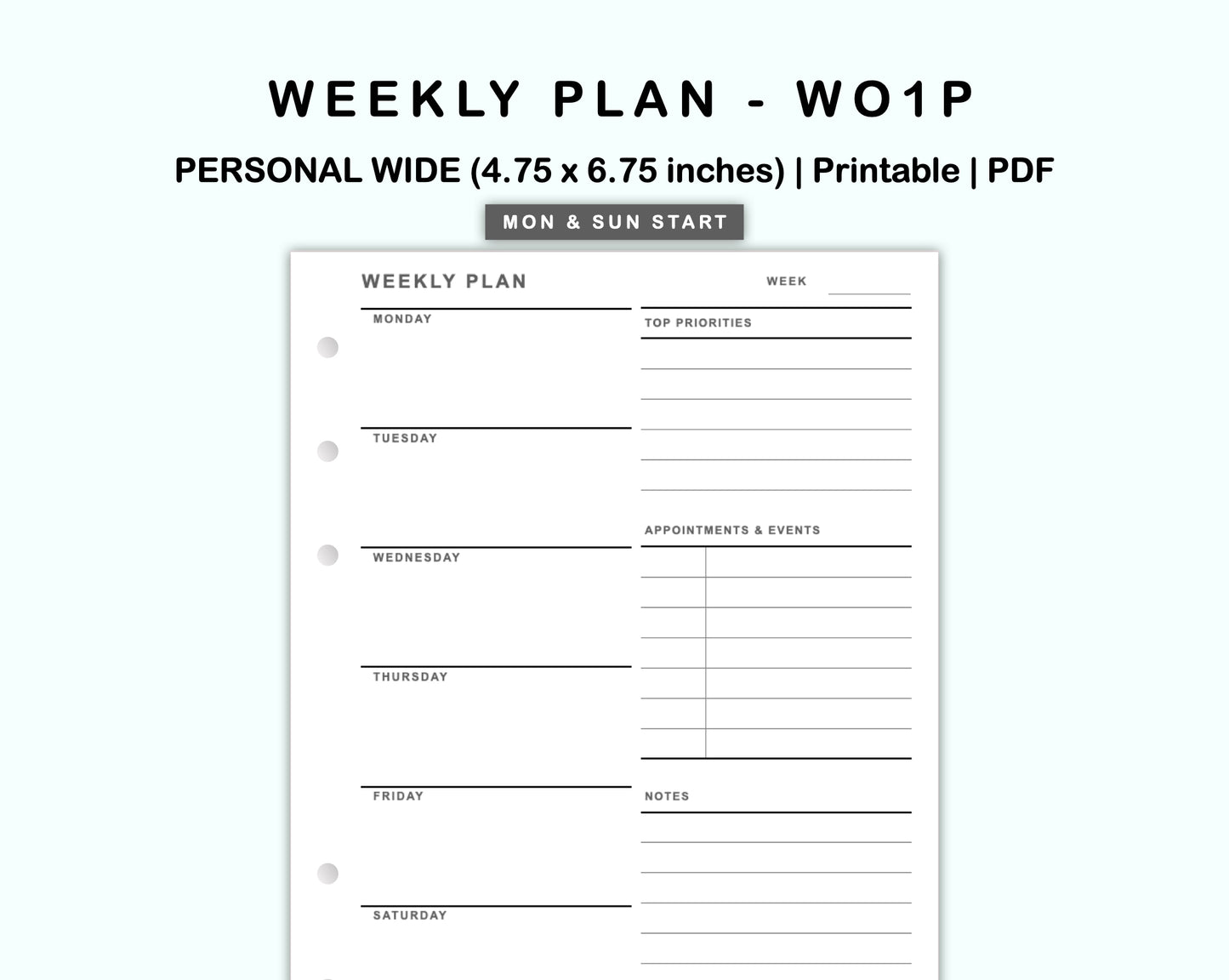 Personal Wide Inserts - Weekly Plan - WO1P - with Top Priority