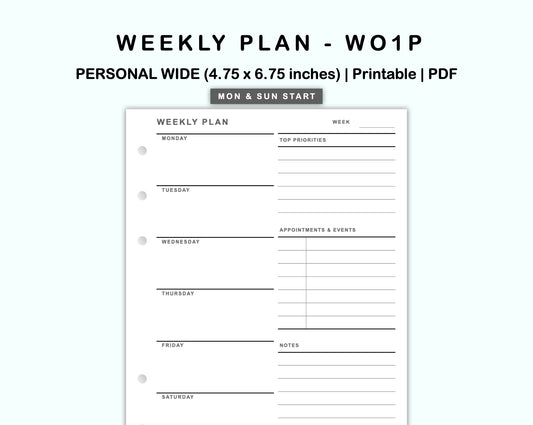 Personal Wide Inserts - Weekly Plan - WO1P - with Top Priority