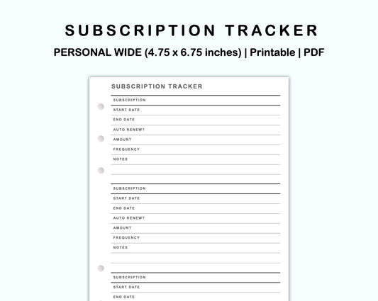 Personal Wide Inserts - Subscription Tracker