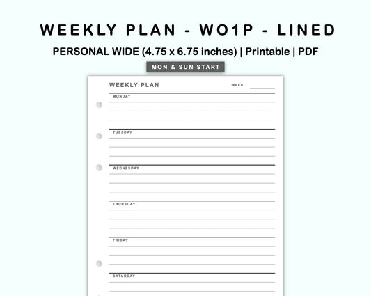 Personal Wide Inserts - Weekly Plan - WO1P - Lined