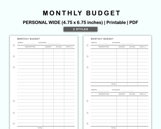 Personal Wide Inserts - Monthly Budget
