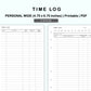 Personal Wide Inserts - Time Log