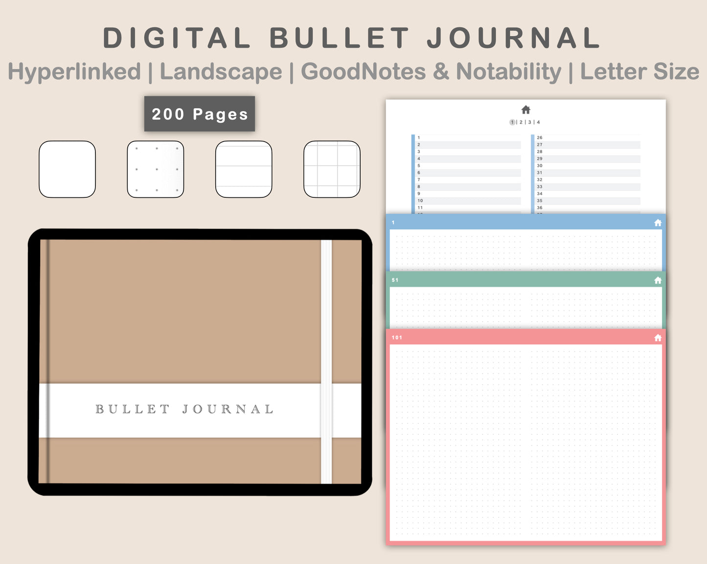 Digital Bullet Journal 200 Pages - Landscape - Pastel