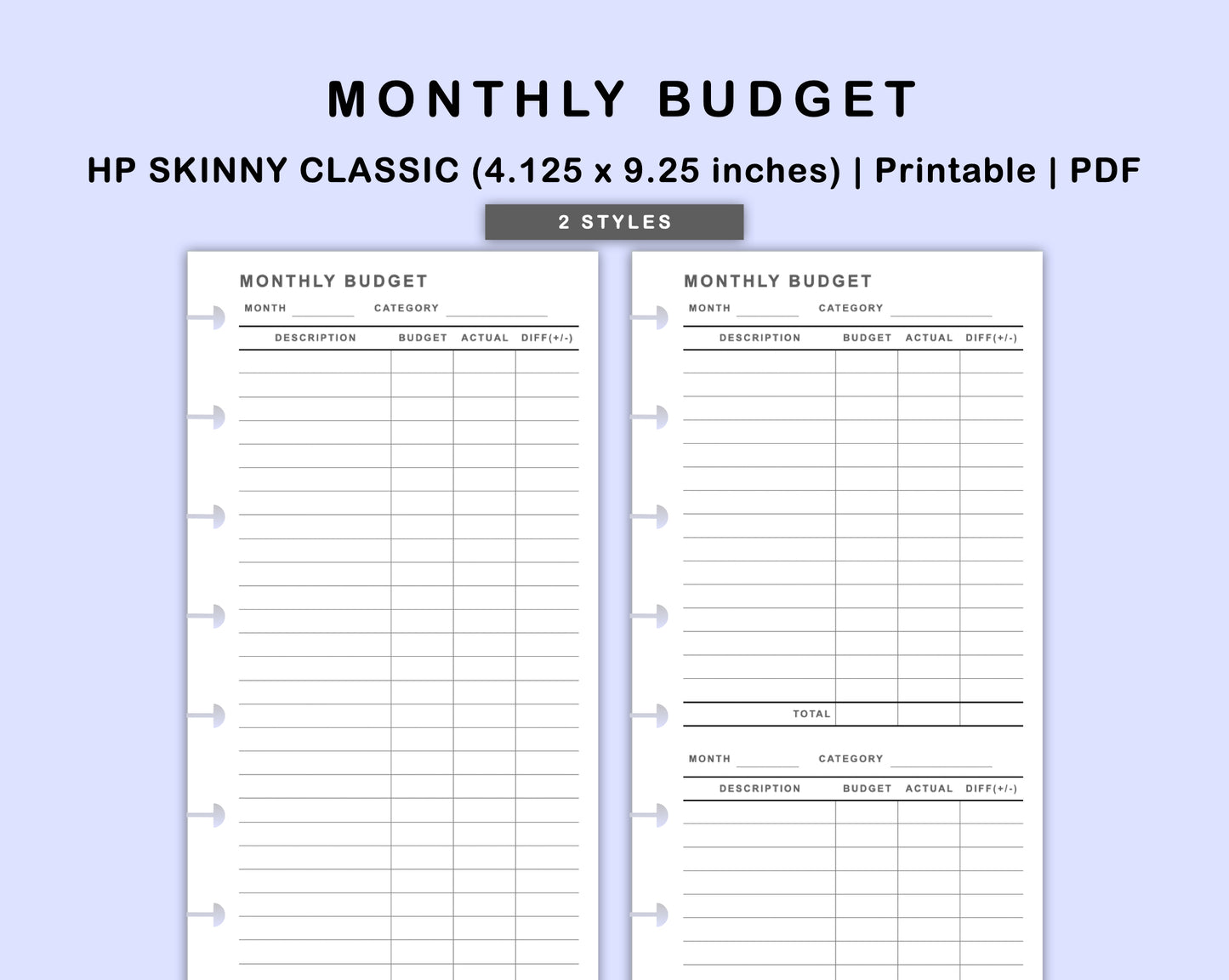 Skinny Classic HP Inserts - Monthly Budget