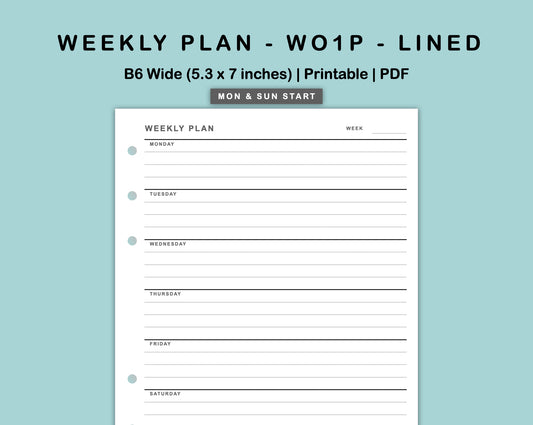 B6 Wide Inserts - Weekly Plan - WO1P - Lined