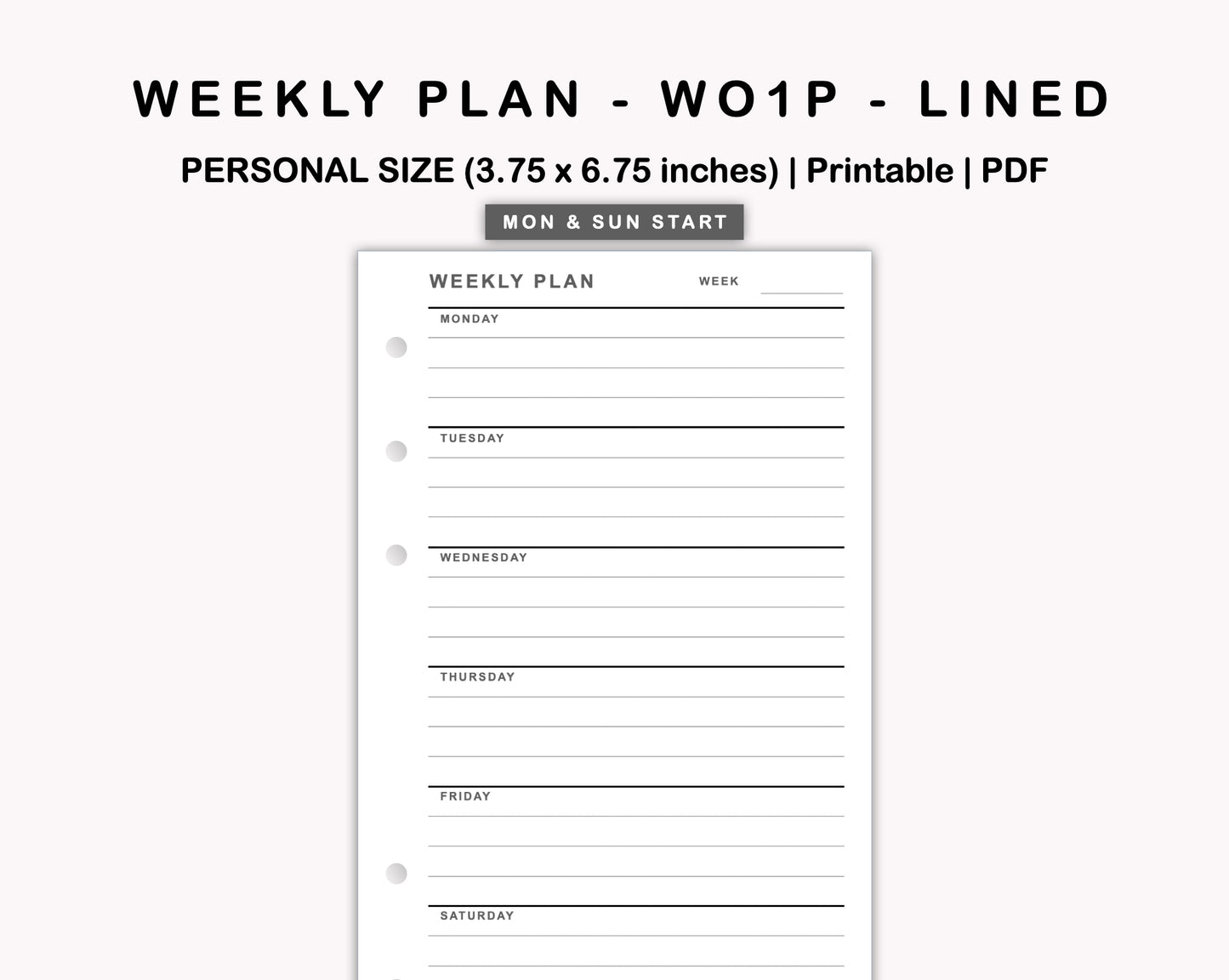 Personal Inserts - Weekly Plan - WO1P - Lined