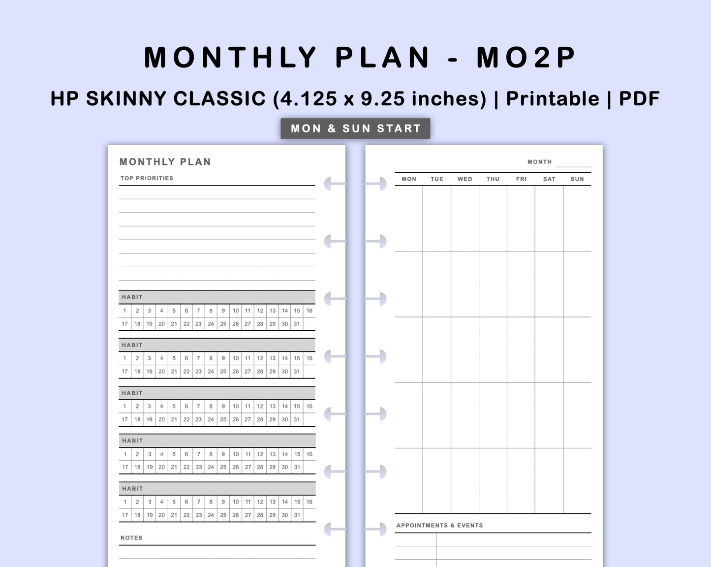 Skinny Classic HP Inserts - Monthly Plan - MO2P - with Habit Tracker