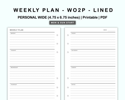 Personal Wide Inserts - Weekly Plan - WO2P - Lined