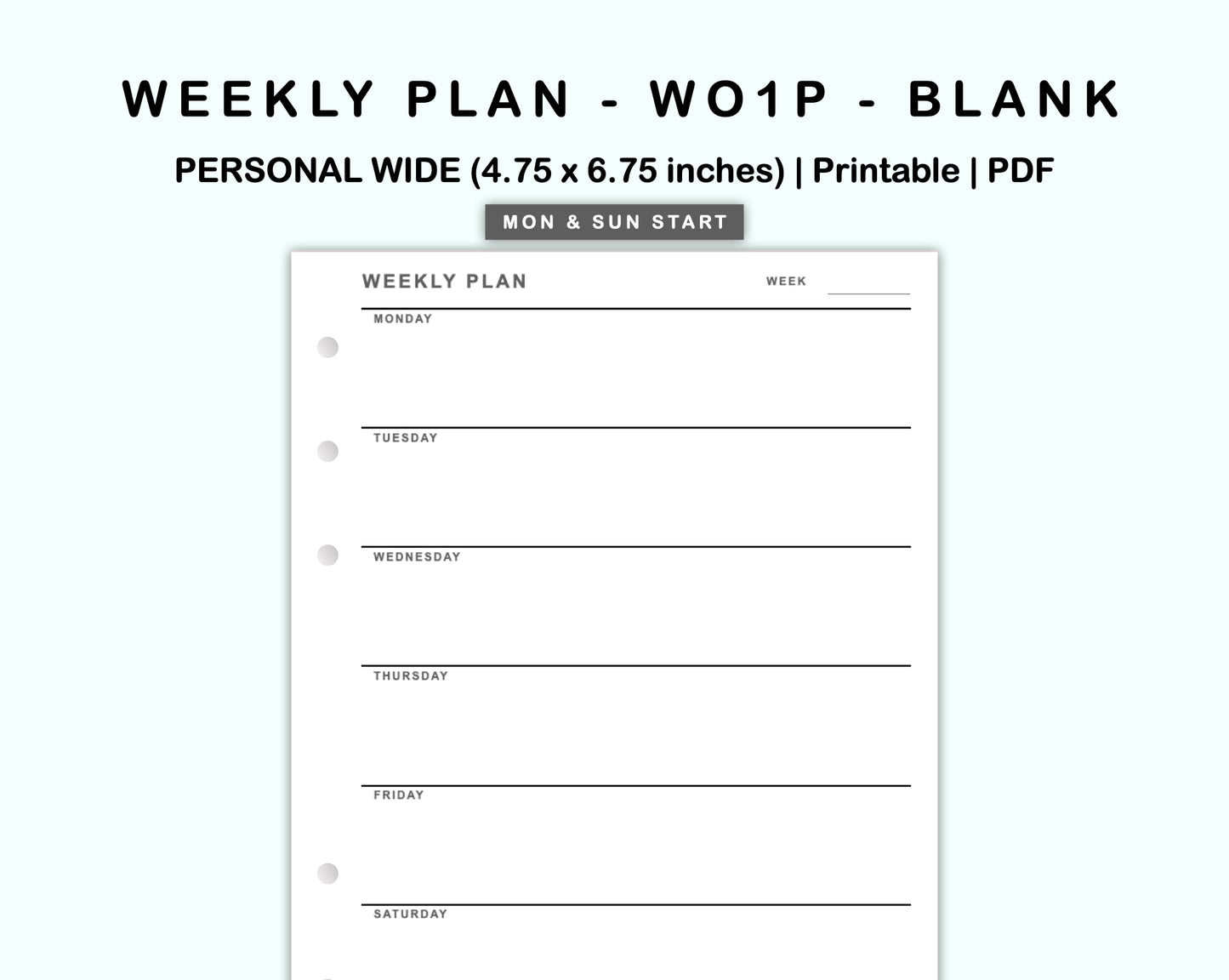 Personal Wide Inserts - Weekly Plan - WO1P - Blank