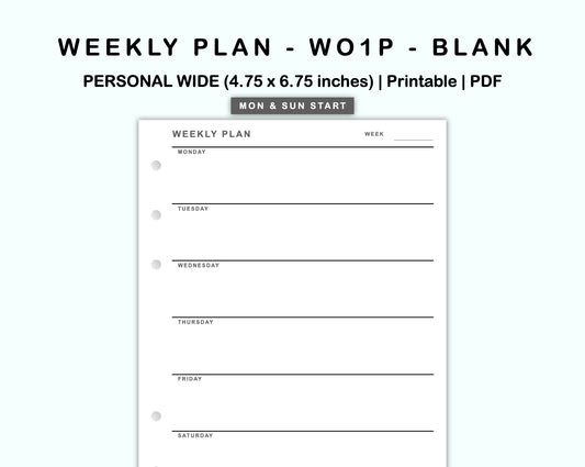 Personal Wide Inserts - Weekly Plan - WO1P - Blank