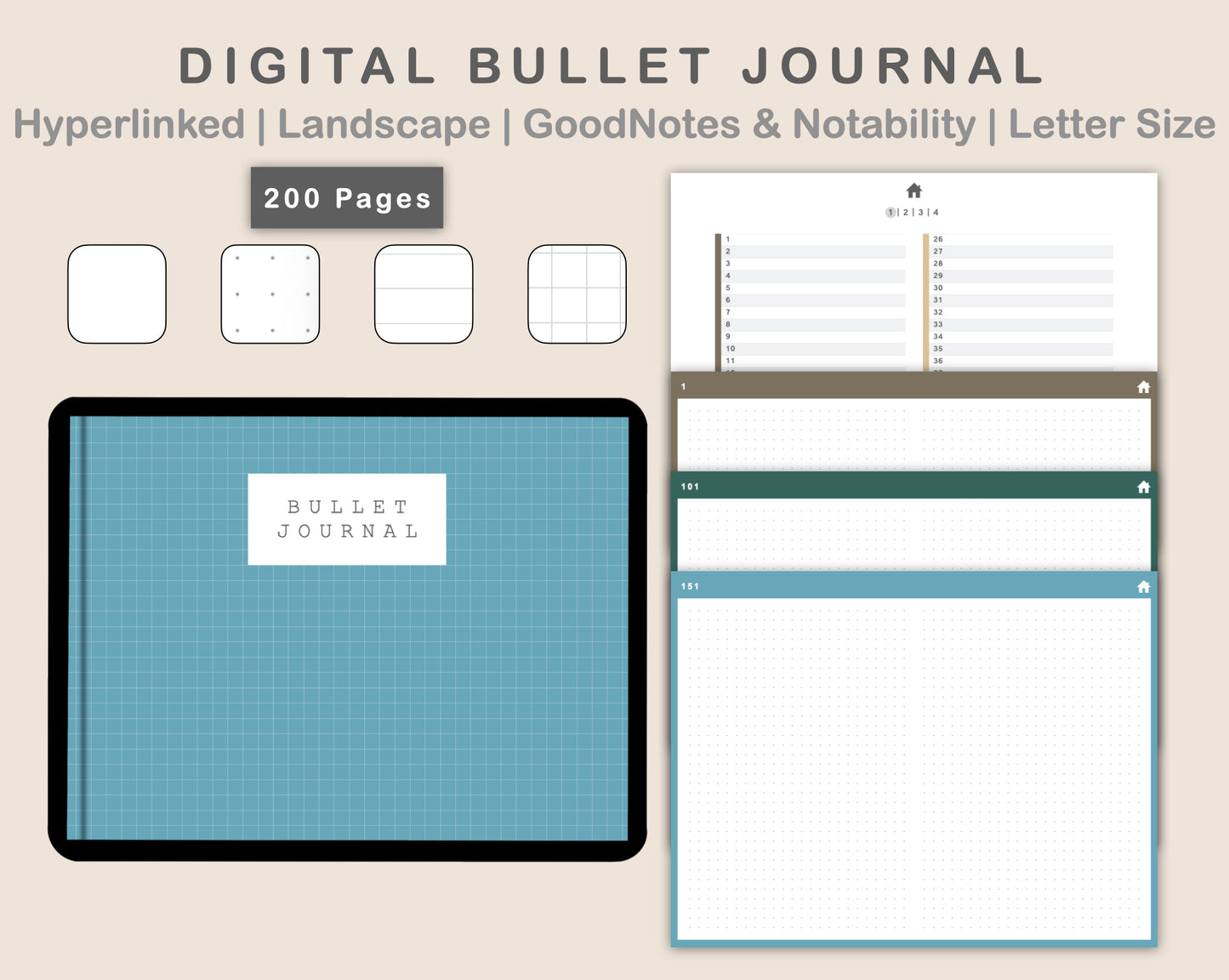 Digital Bullet Journal 200 Pages - Landscape - Muted