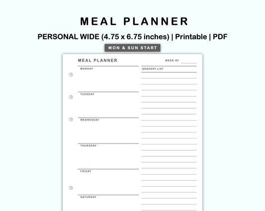 Personal Wide Inserts - Meal Planner with Grocery List