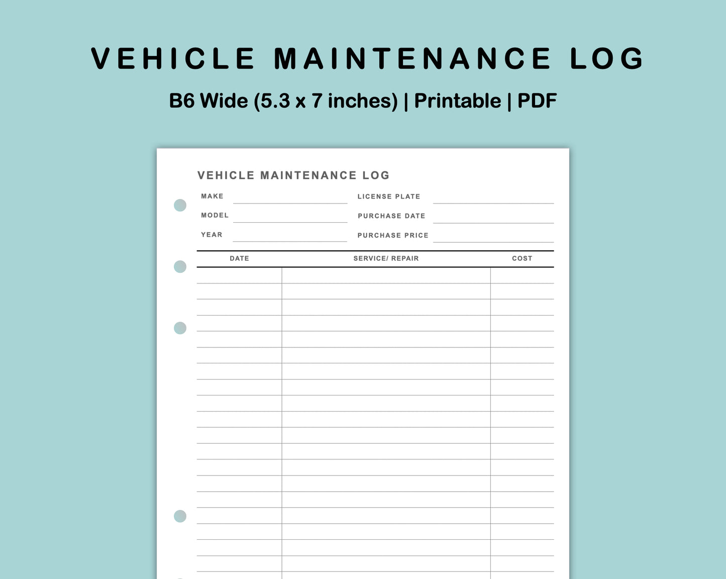 B6 Wide Inserts - Vehicle Maintenance Log