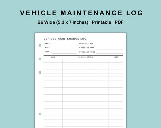 B6 Wide Inserts - Vehicle Maintenance Log