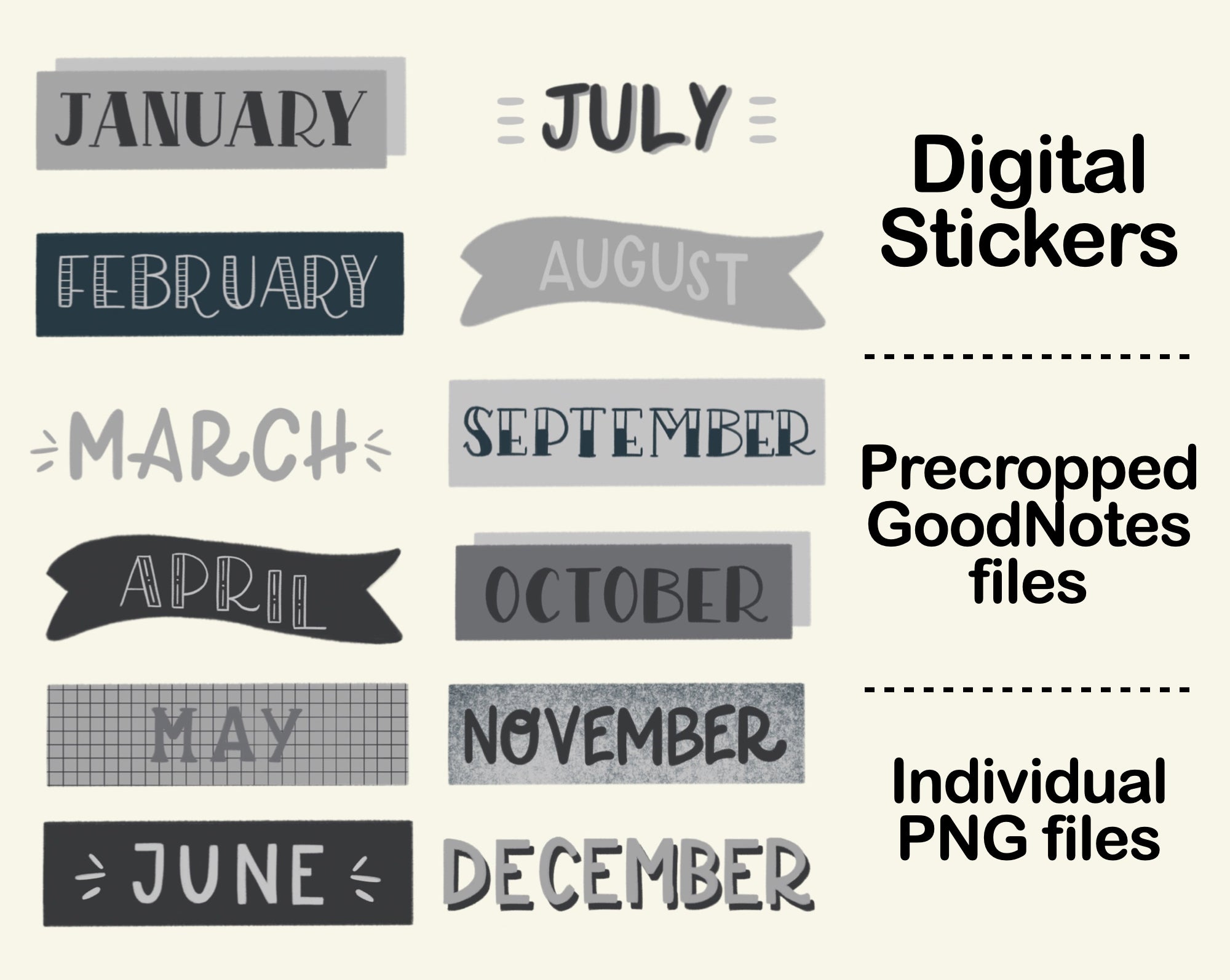 Month Code Sticker Digital Sticker - Month Name in Monochrome theme – kjunstudio