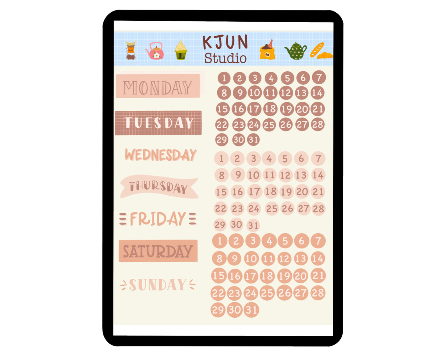 Digital Sticker - Days of the week and Date in Neutral theme