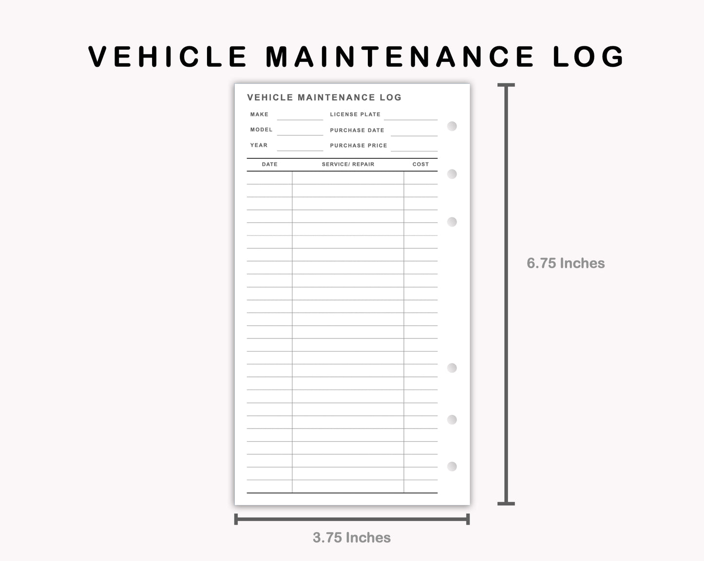 Personal Inserts - Vehicle Maintenance Log