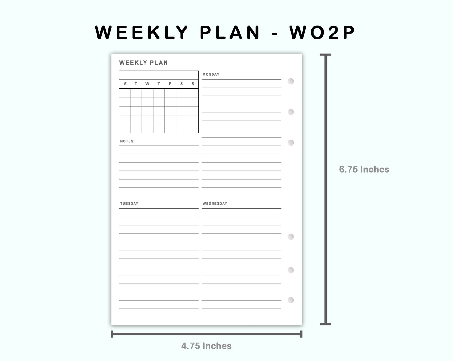 Personal Wide Inserts - Weekly Plan - WO2P - with Calendar