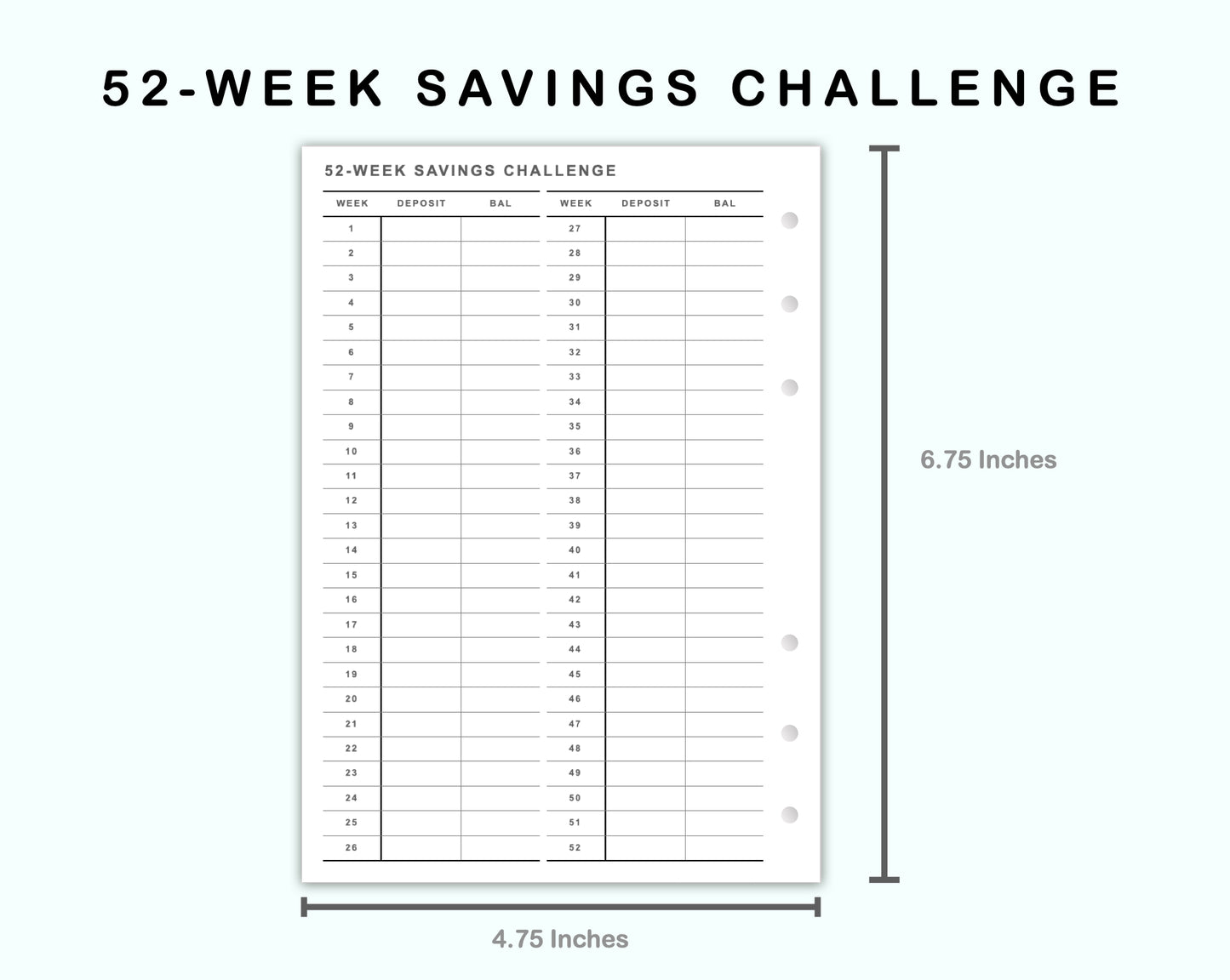 Personal Wide Inserts - 52 Week Saving Challenge