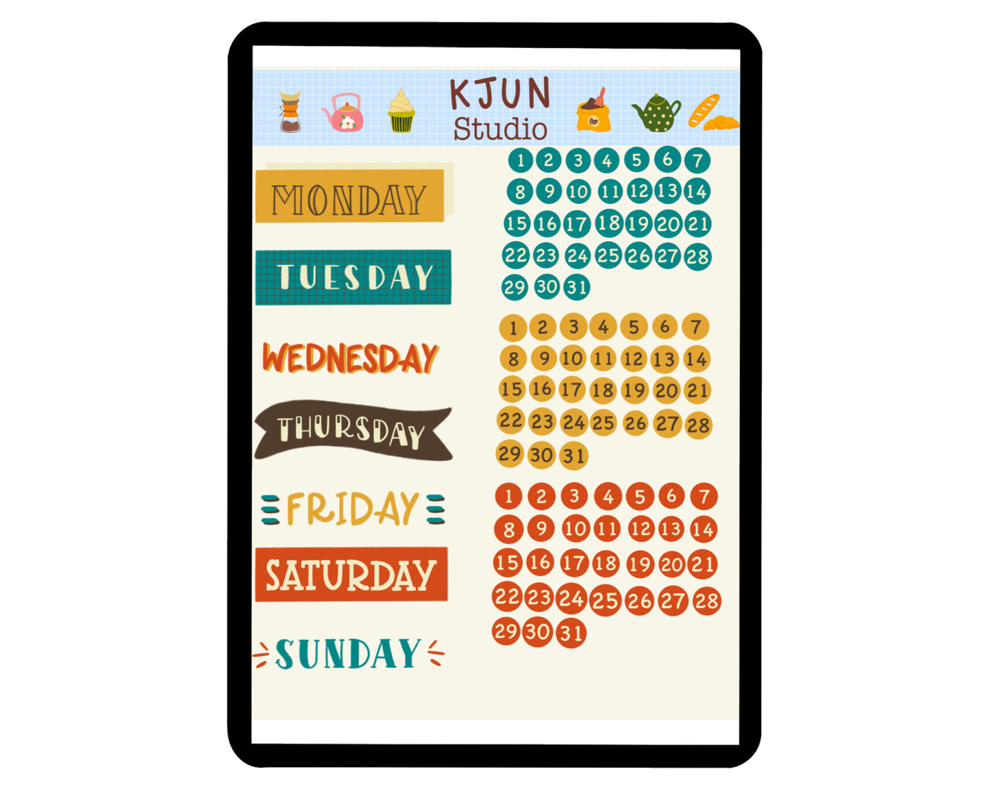 Digital Sticker - Days of the week and Date in Vintage theme