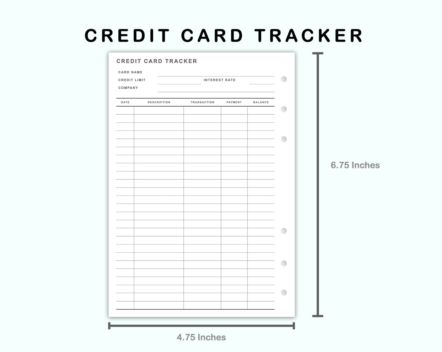 Personal Wide Inserts - Credit Card Tracker