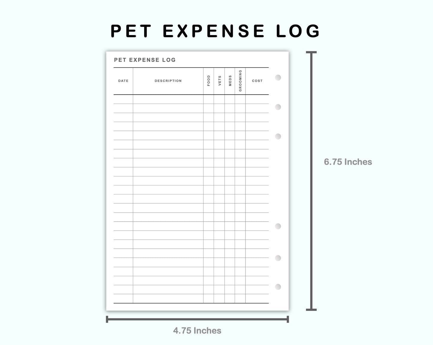Personal Wide Inserts - Pet Expense Log