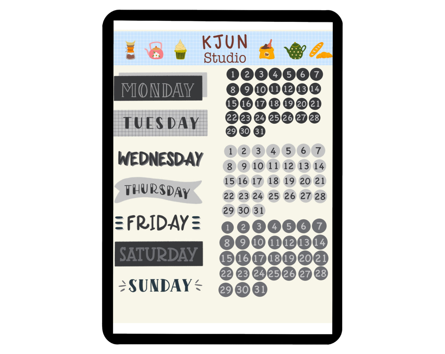 Digital Sticker - Days of the week and Date in monochrome theme