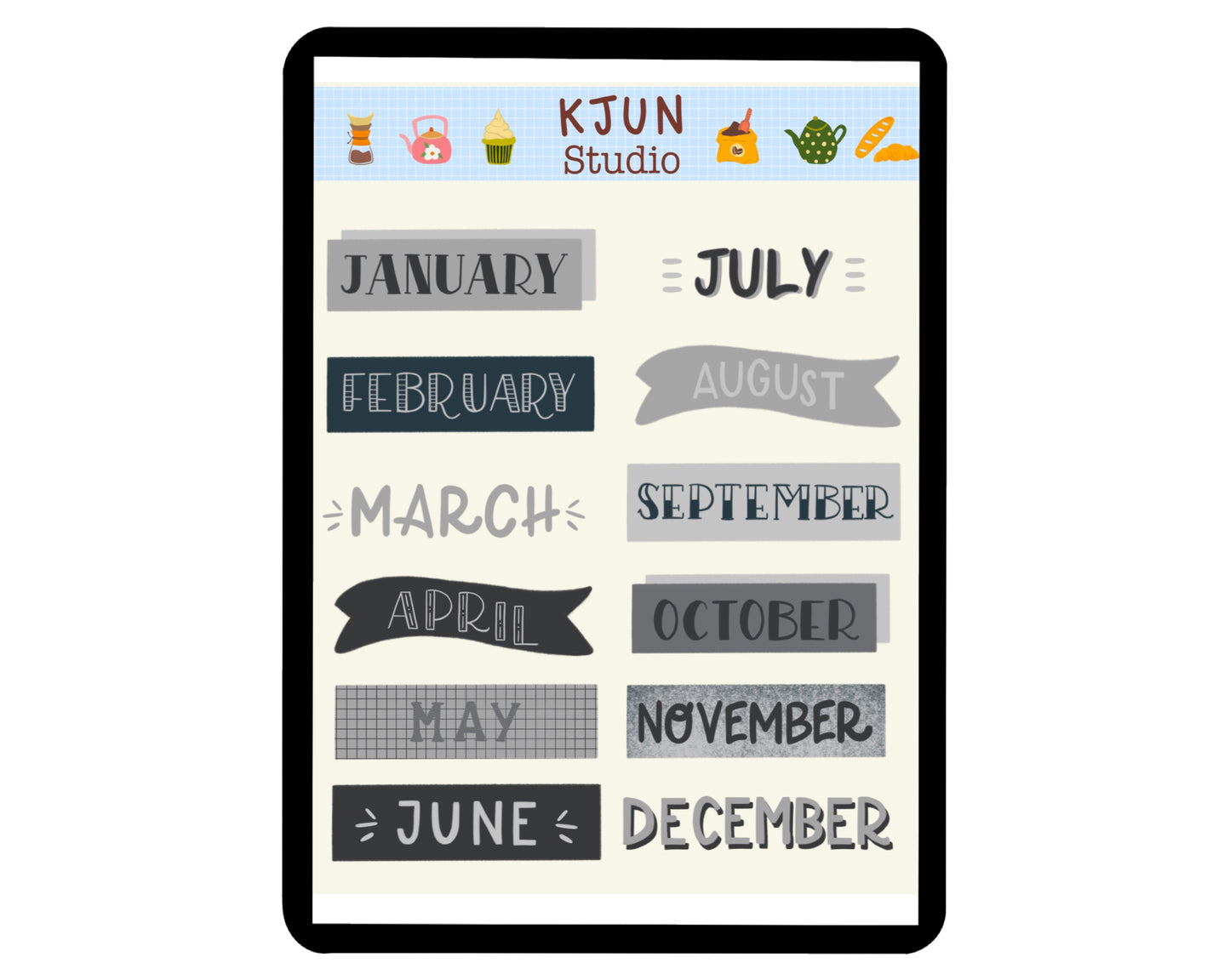 Digital Sticker - Month Name in Monochrome theme