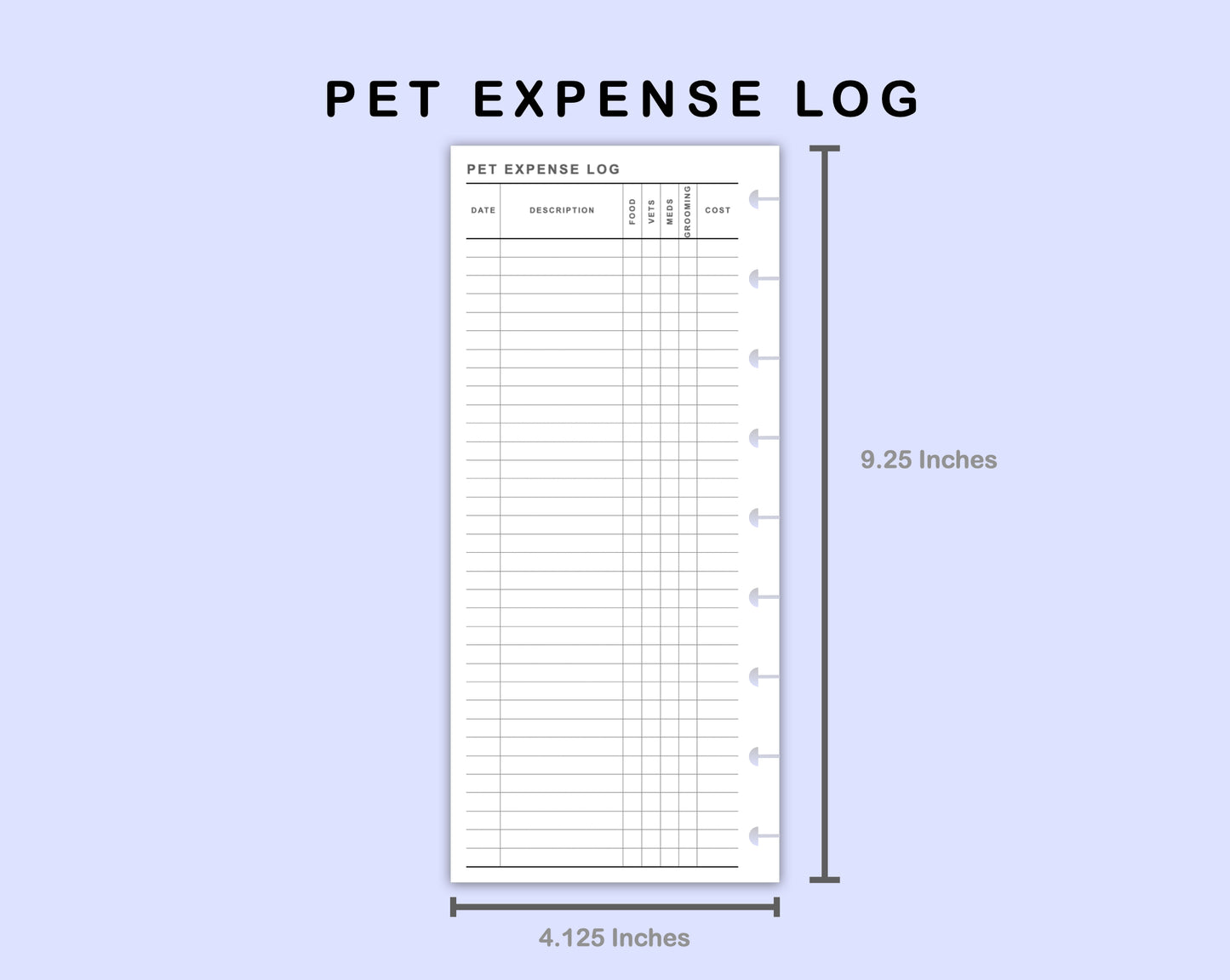 Skinny Classic HP Inserts - Pet Expense Log