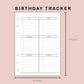 B6 Inserts - Birthday Tracker
