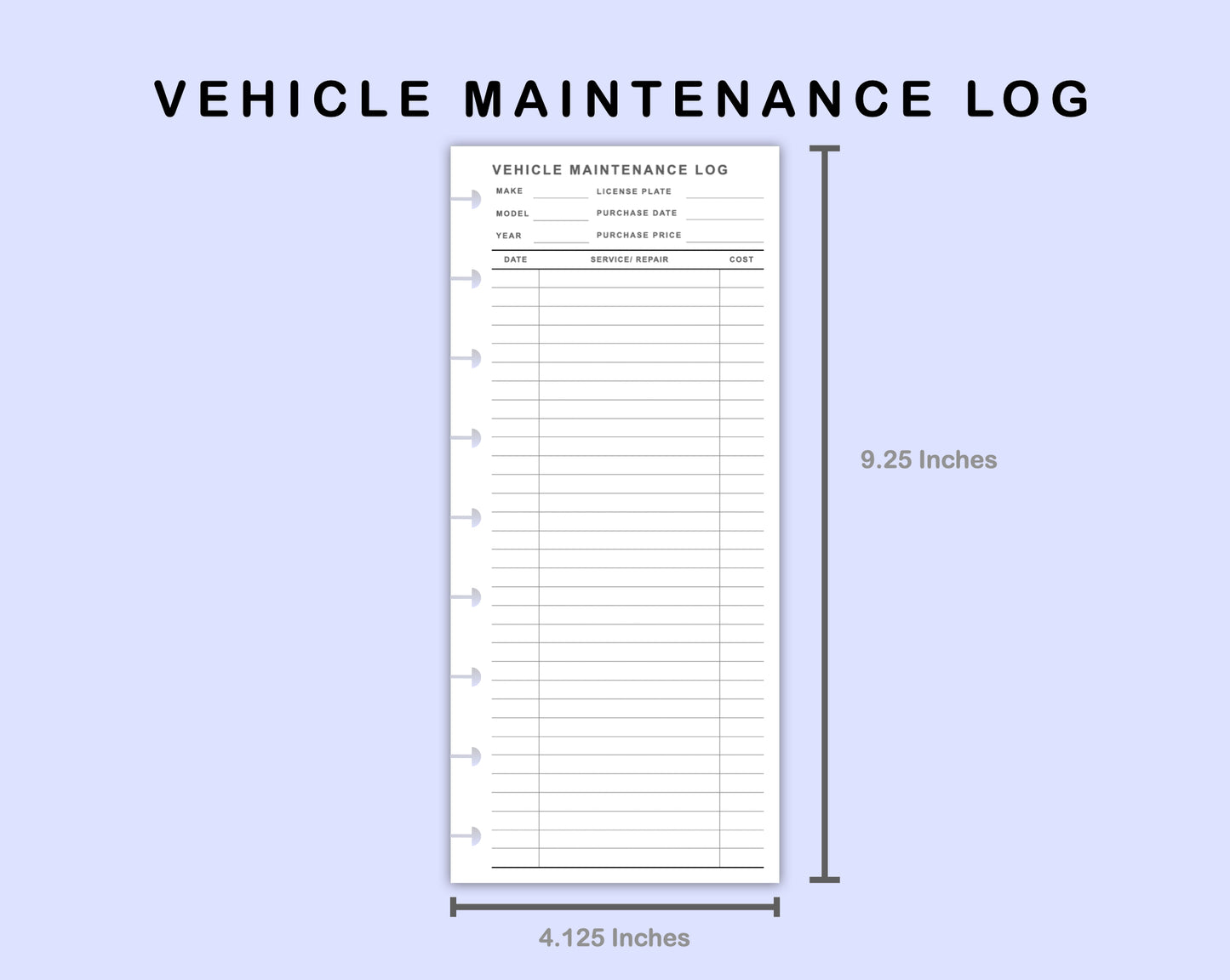 Skinny Classic HP Inserts - Vehicle Maintenance Log