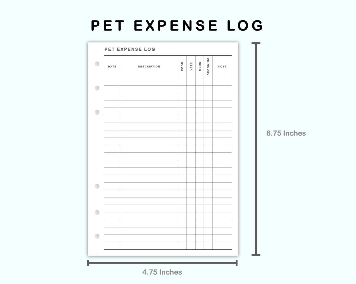 Personal Wide Inserts - Pet Expense Log