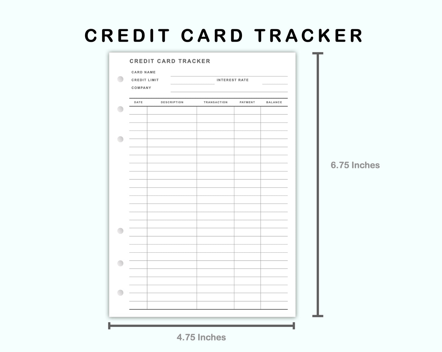 Personal Wide Inserts - Credit Card Tracker