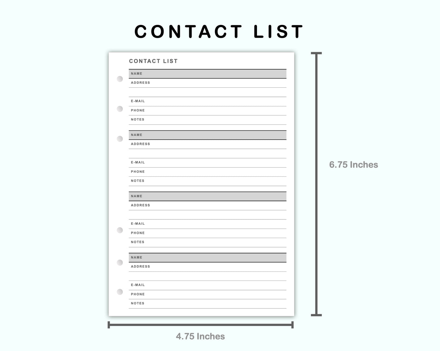 Personal Wide Inserts - Contact List