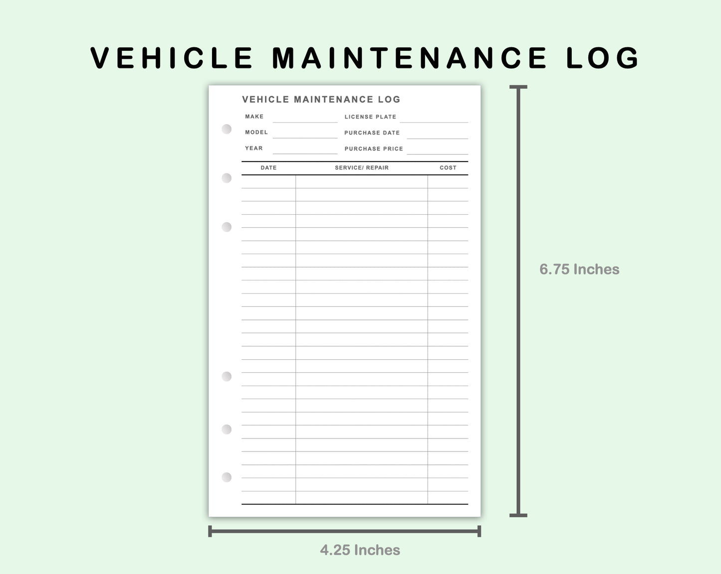 FC Compact Inserts - Vehicle Maintenance Log