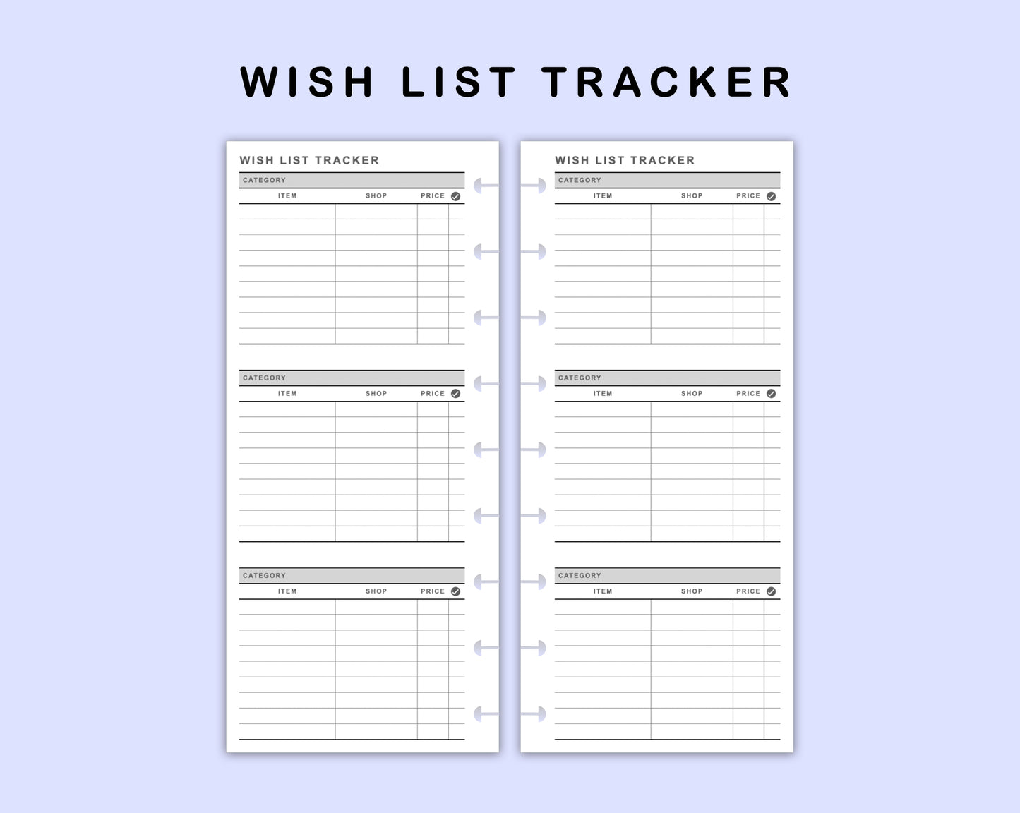 Skinny Classic HP Inserts - Wish List Tracker by Category