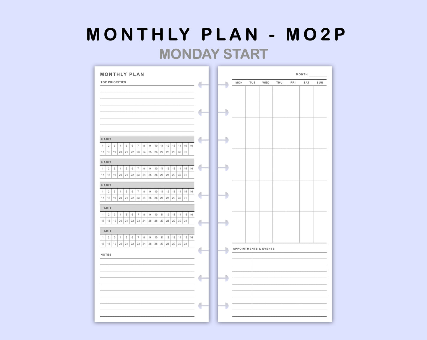 Skinny Classic HP Inserts - Monthly Plan - MO2P - with Habit Tracker