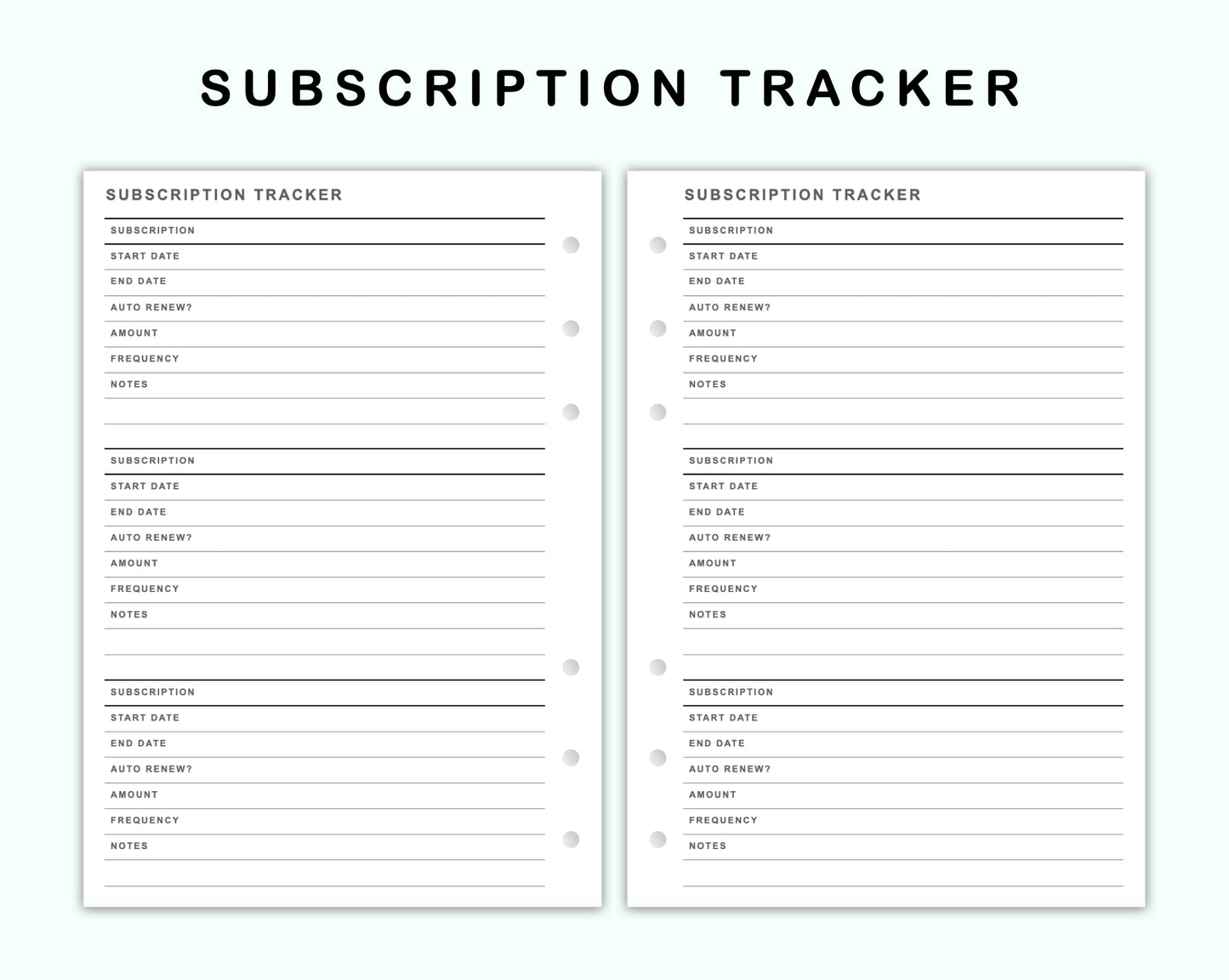 Personal Wide Inserts - Subscription Tracker