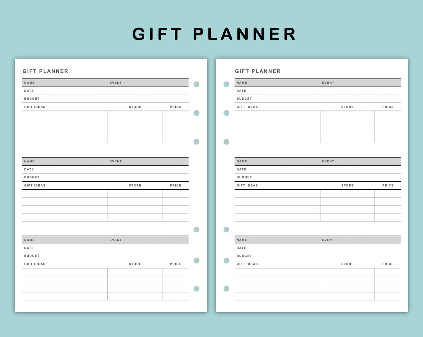 B6 Wide Inserts - Gift Planner