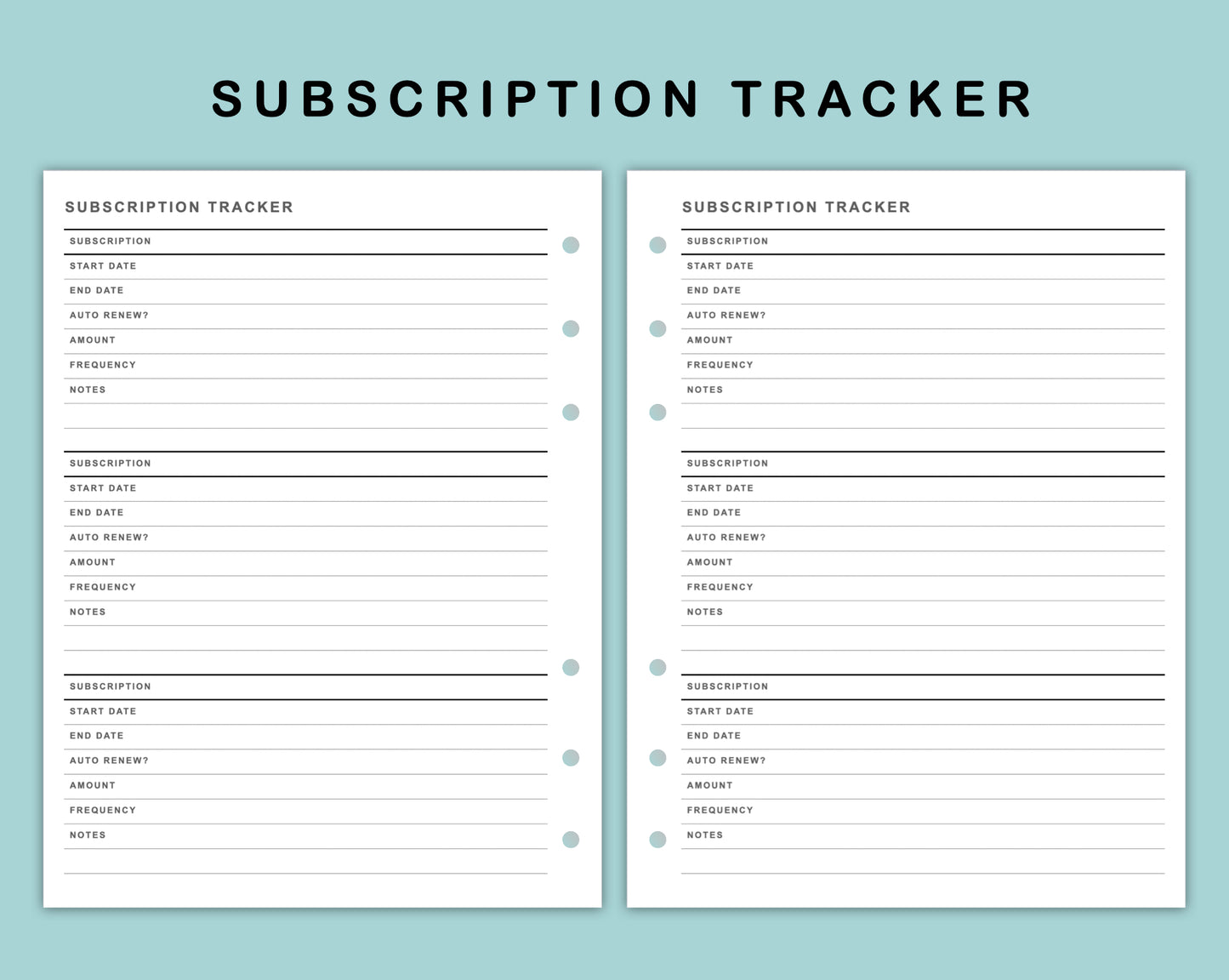 B6 Wide Inserts - Subscription Tracker